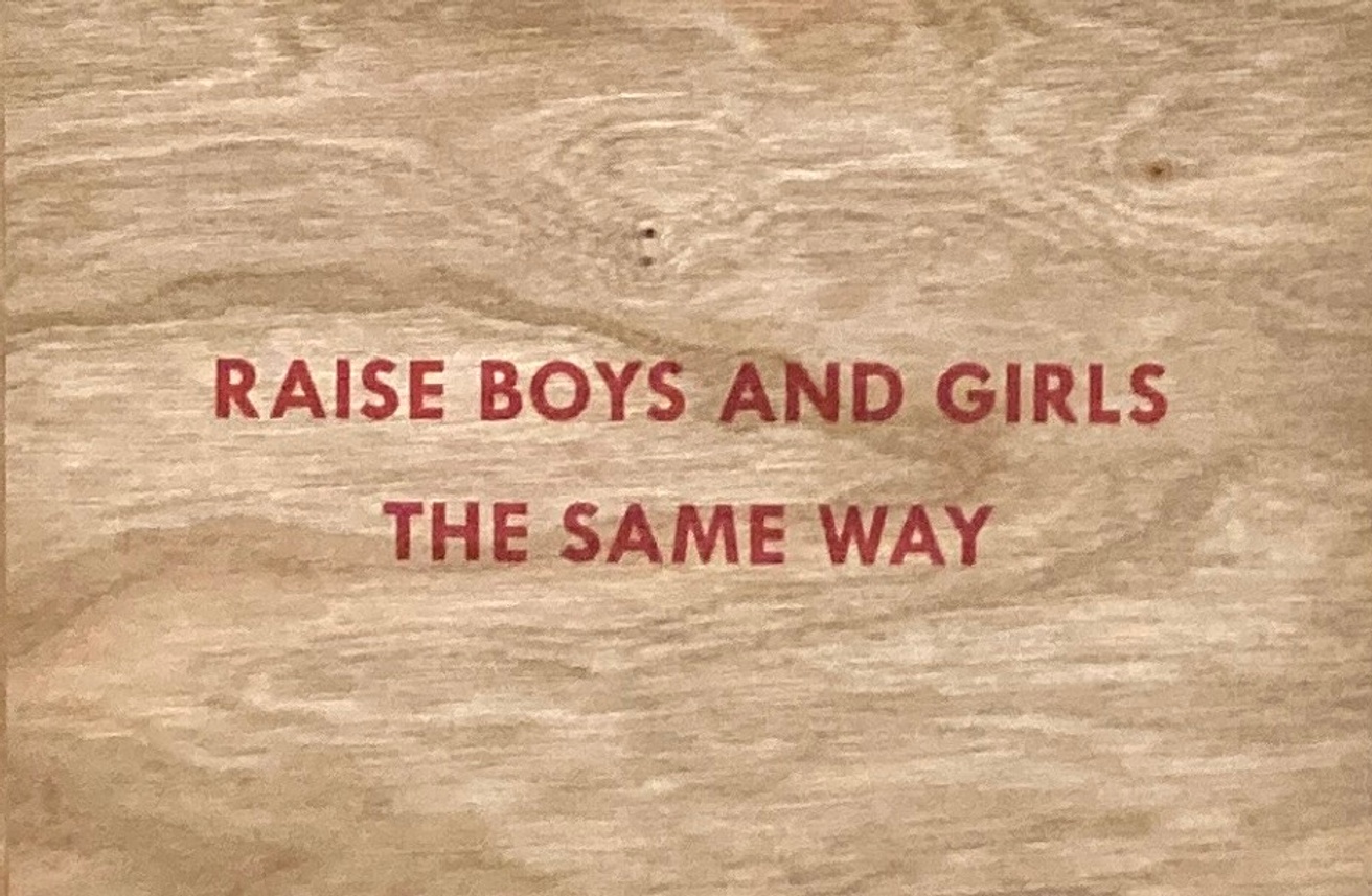 Raise Boys and Girls the Same Way Wooden Postcard [Red Text]